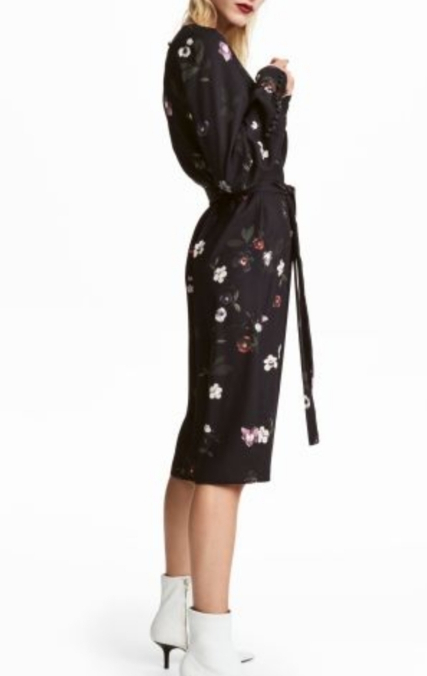 H&M black floral button sleeve puff shoulder long sleeve midi tie‎ waist dress